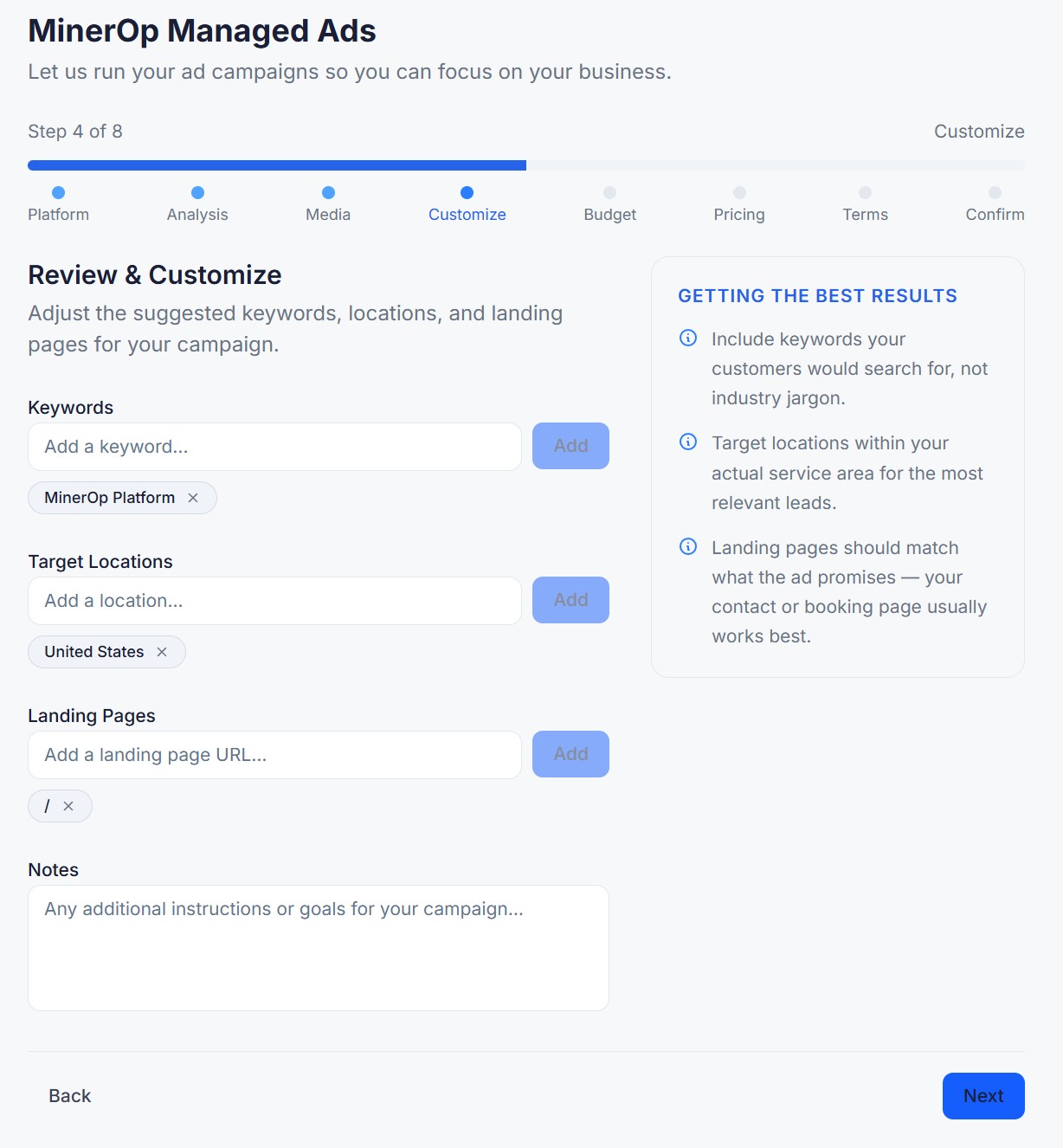 Customize ad targeting and keywords