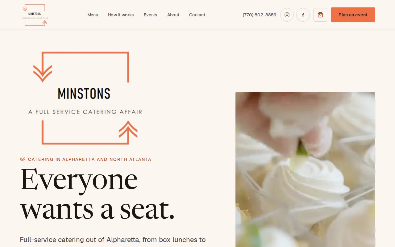 The new Minston's Catering website home page: their orange logo with the line A Full Service Catering Affair, the headline Everyone wants a seat, and a Plan an event button