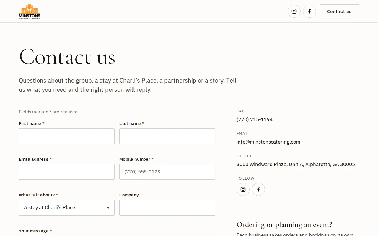 The group contact page with the topic already set to A stay at Charli's Place, next to the group's phone number, email and office address