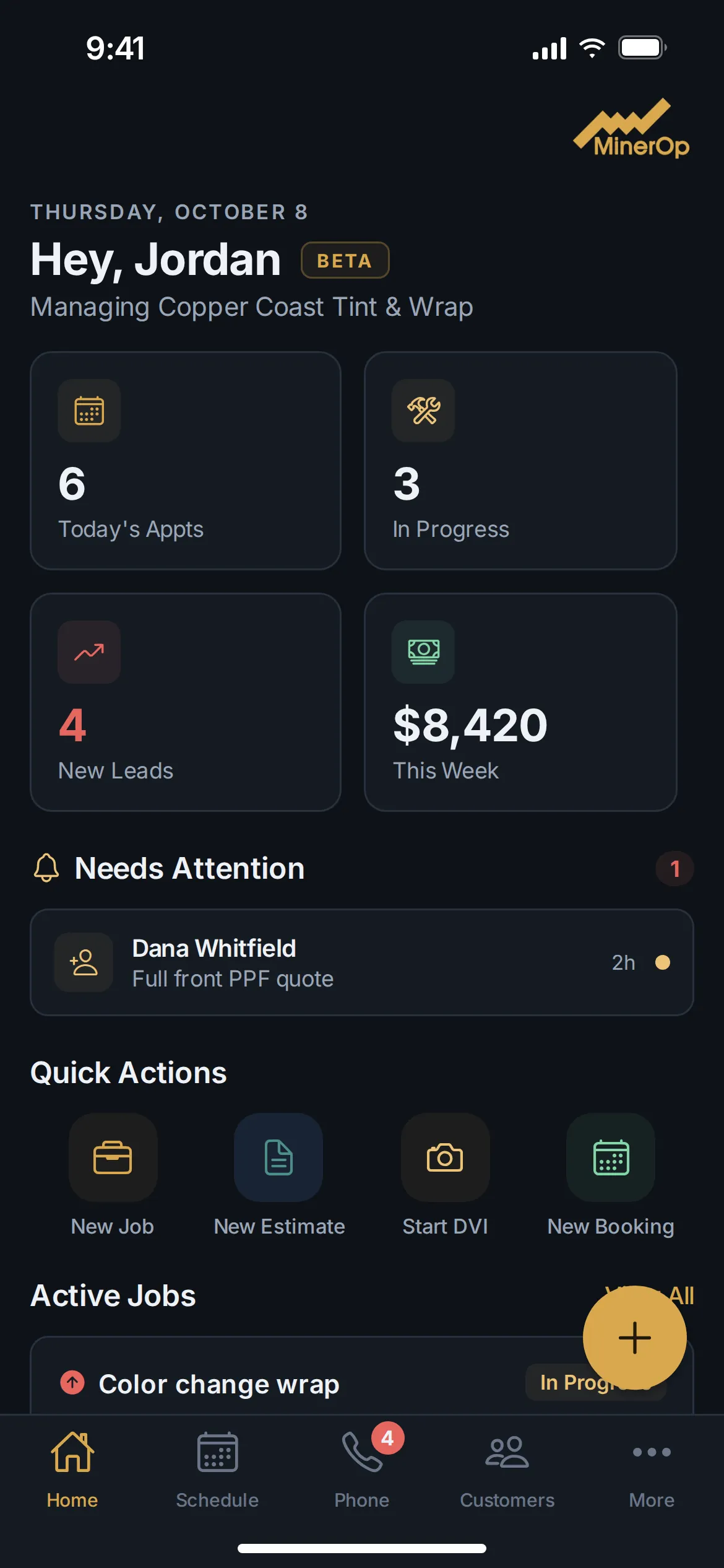 MinerOp app Home screen with today's appointments, new leads and quick actions