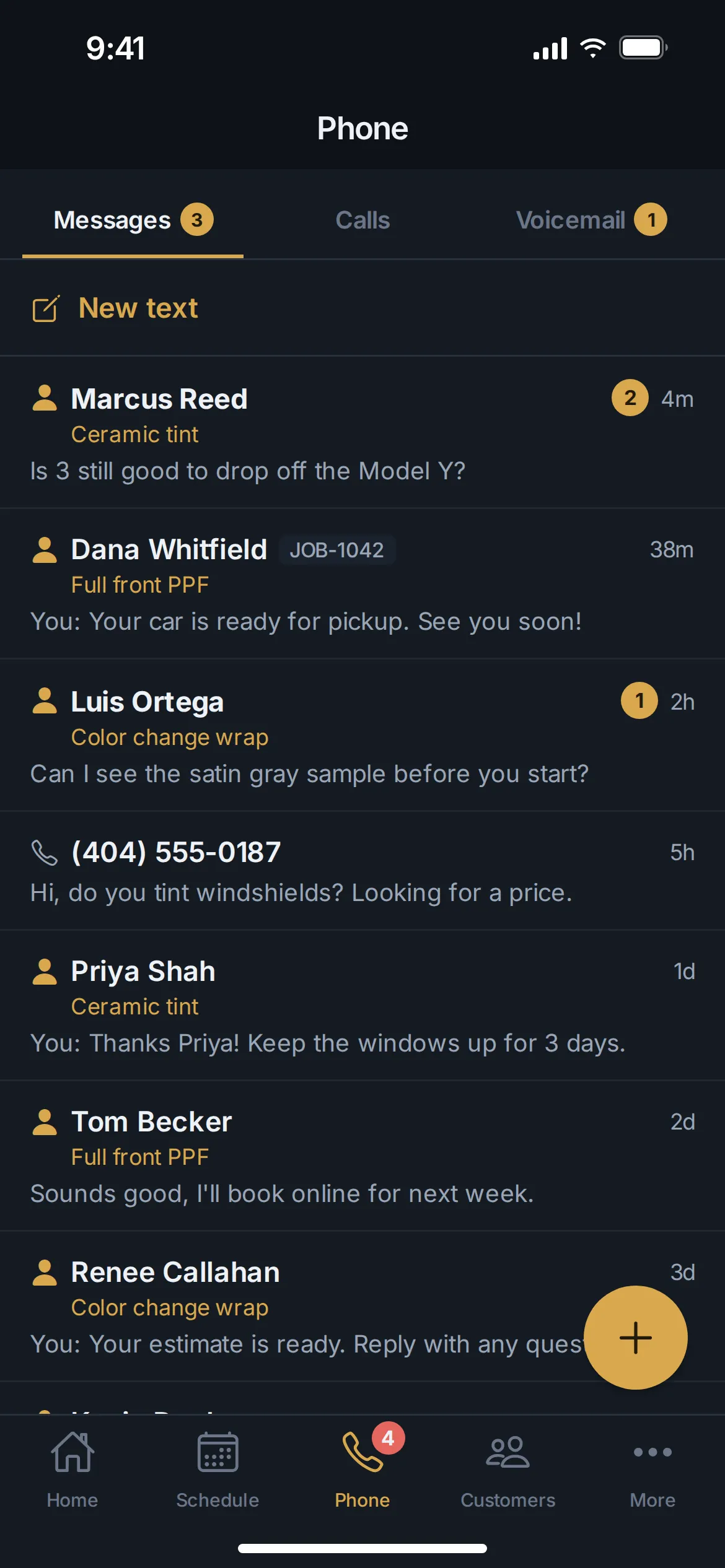 MinerOp app Phone screen with customer text conversations