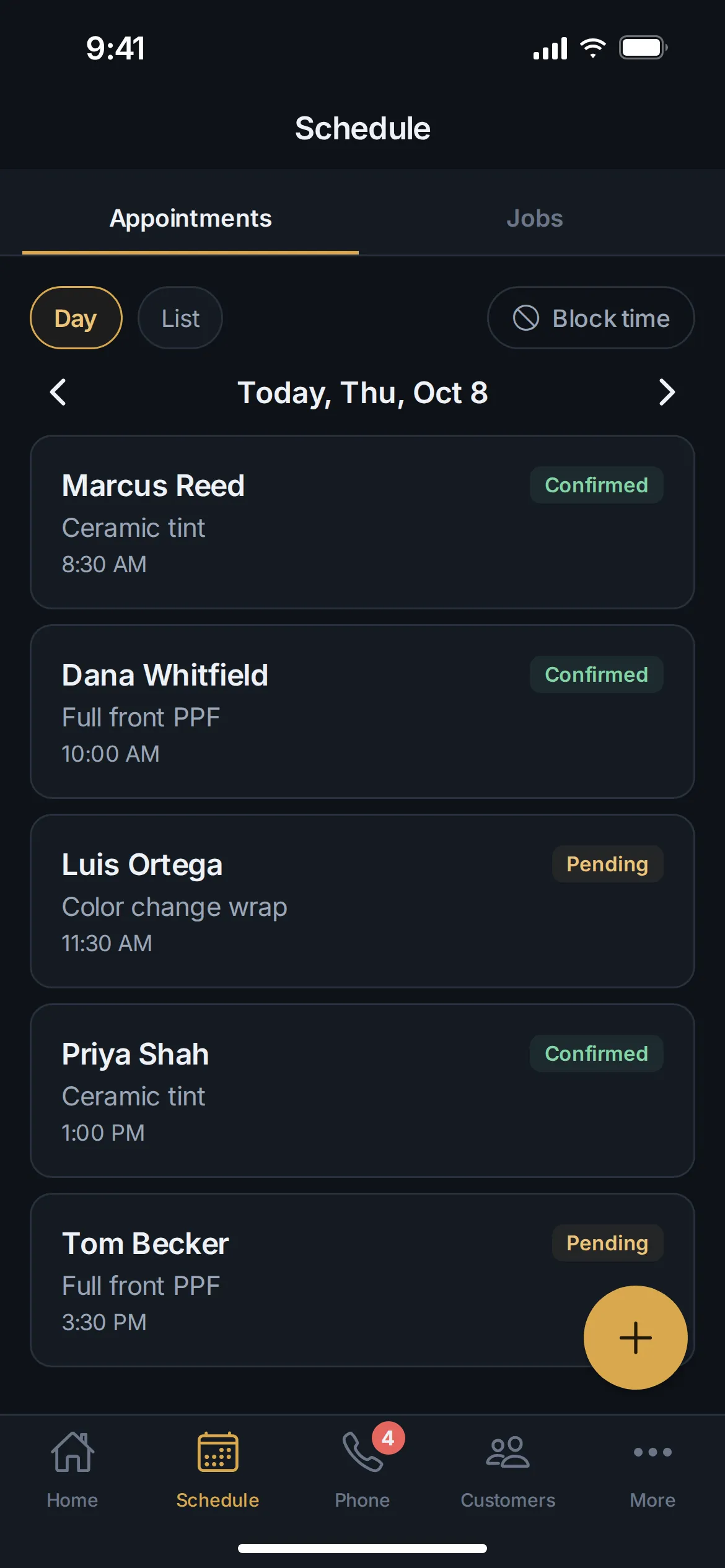 MinerOp app Schedule screen showing the day's appointments