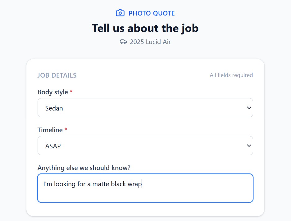Job questions and photo capture in the photo quote flow