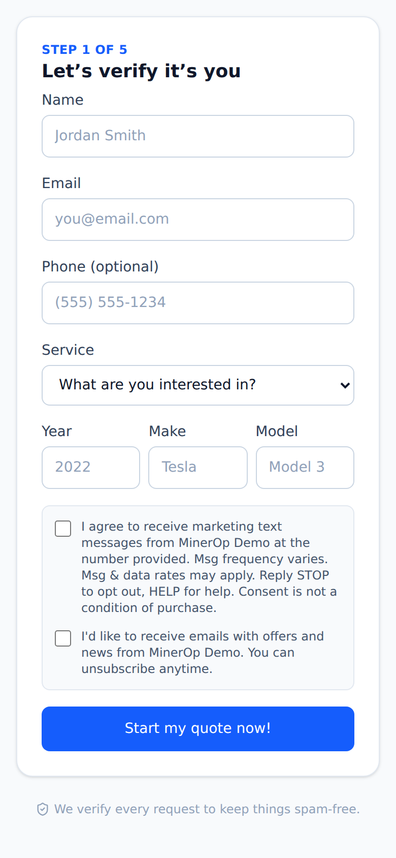 A photo quote form on a phone: name, email, phone, the service and the vehicle