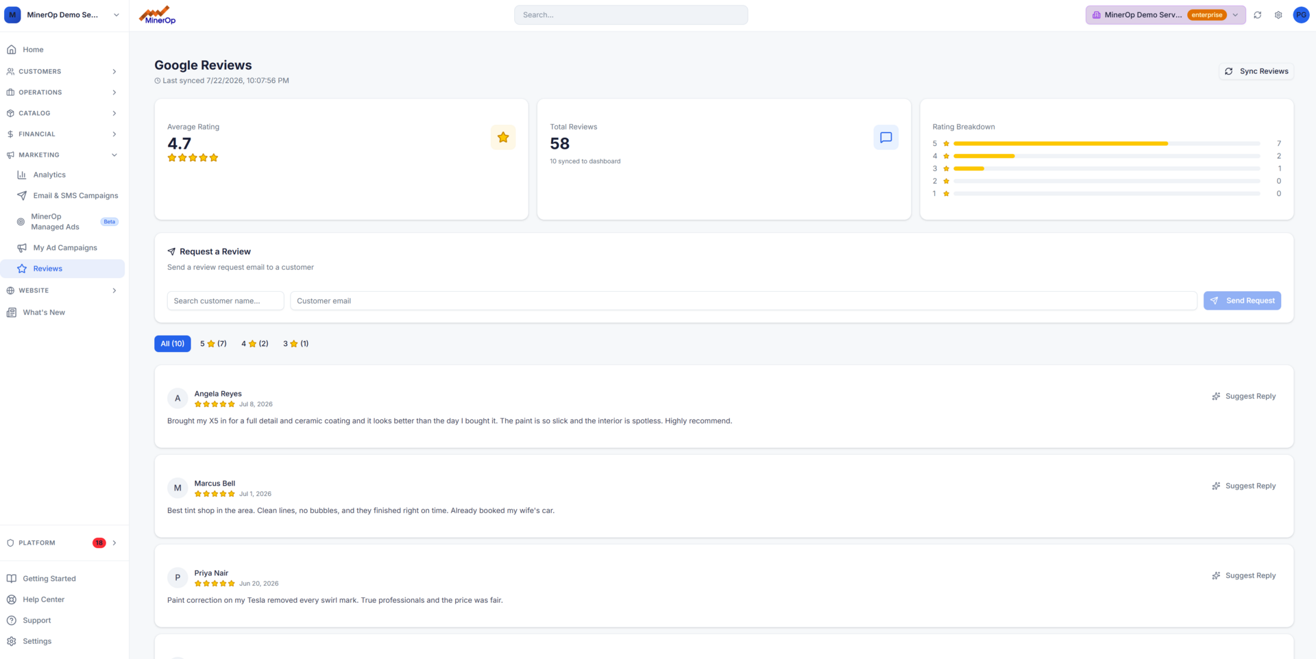 Reviews and reputation dashboard