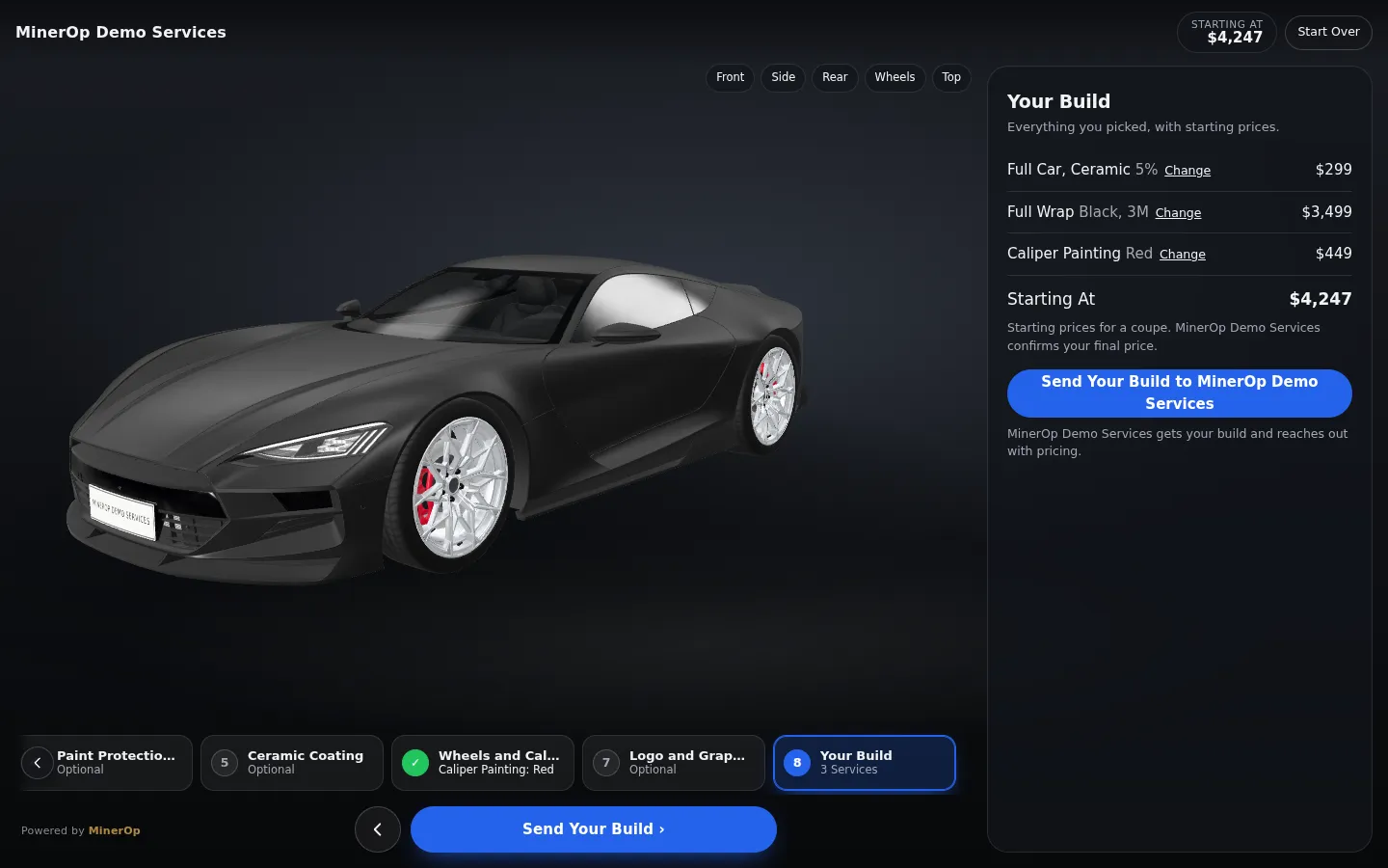 Vehicle Visualizer: a coupe in satin black wrap with red calipers and 5% tint, next to the build summary with starting prices