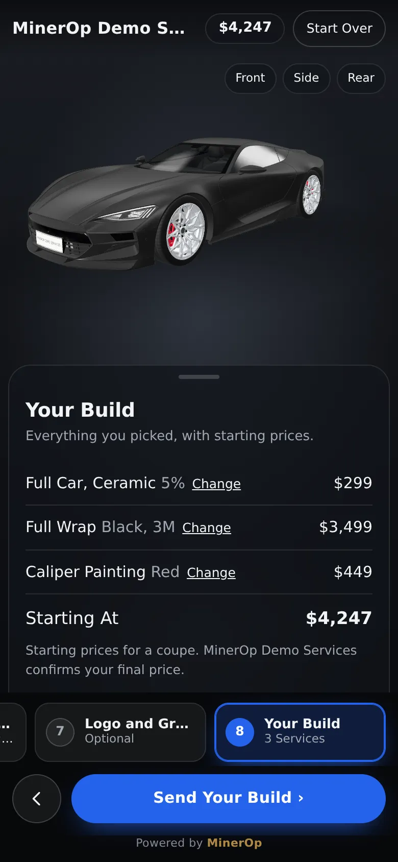 Vehicle Visualizer on a phone: the Your Build summary with starting prices