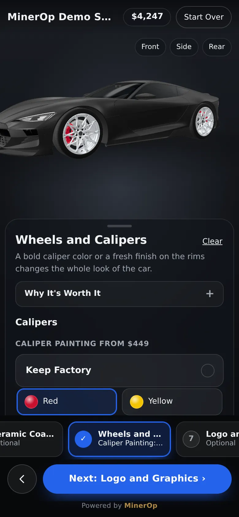 Vehicle Visualizer on a phone: choosing red caliper paint