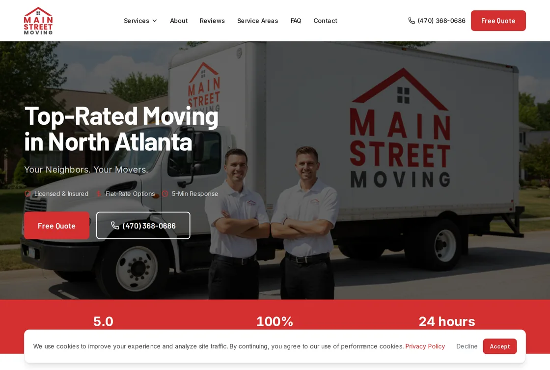 The Main Street Moving website, built on MinerOp
